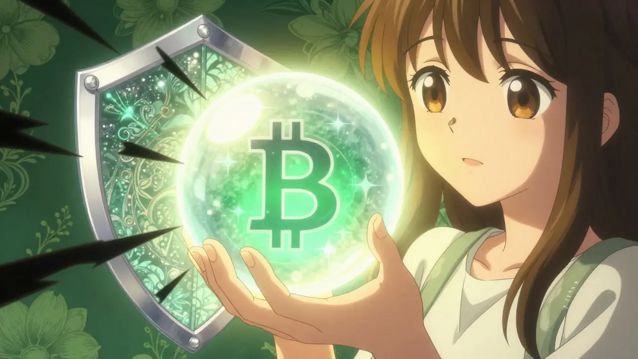 Character holding glowing orb protected by a shimmering shield against shadows.