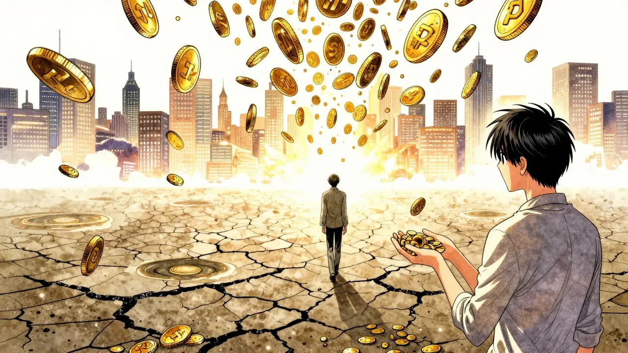 Coins flowing away from character towards bright city