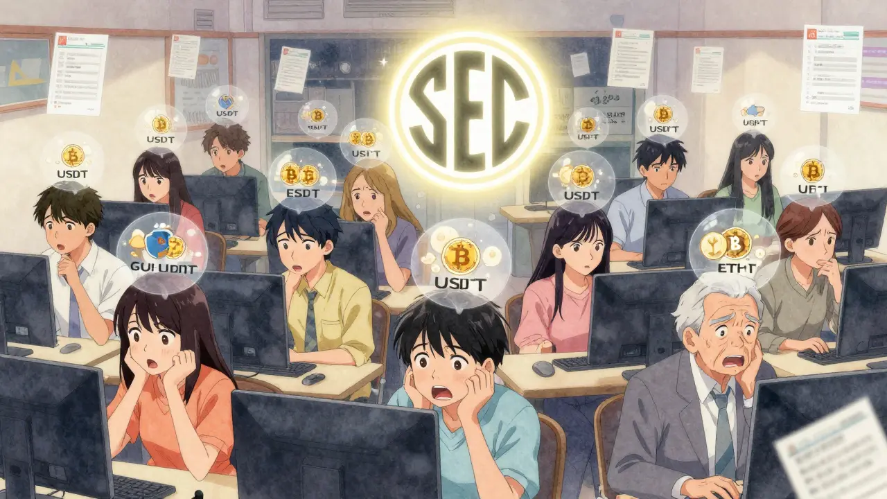 Diverse Filipinos in an internet café stare in shock at screens, with floating icons of lost crypto above their heads, while a glowing SEC logo looms overhead.