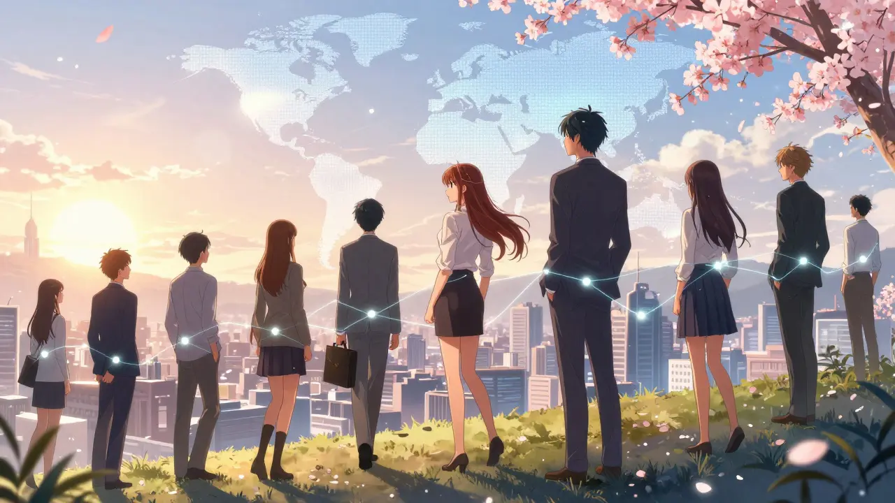 Diverse group overlooking futuristic city with light threads and cherry blossoms.