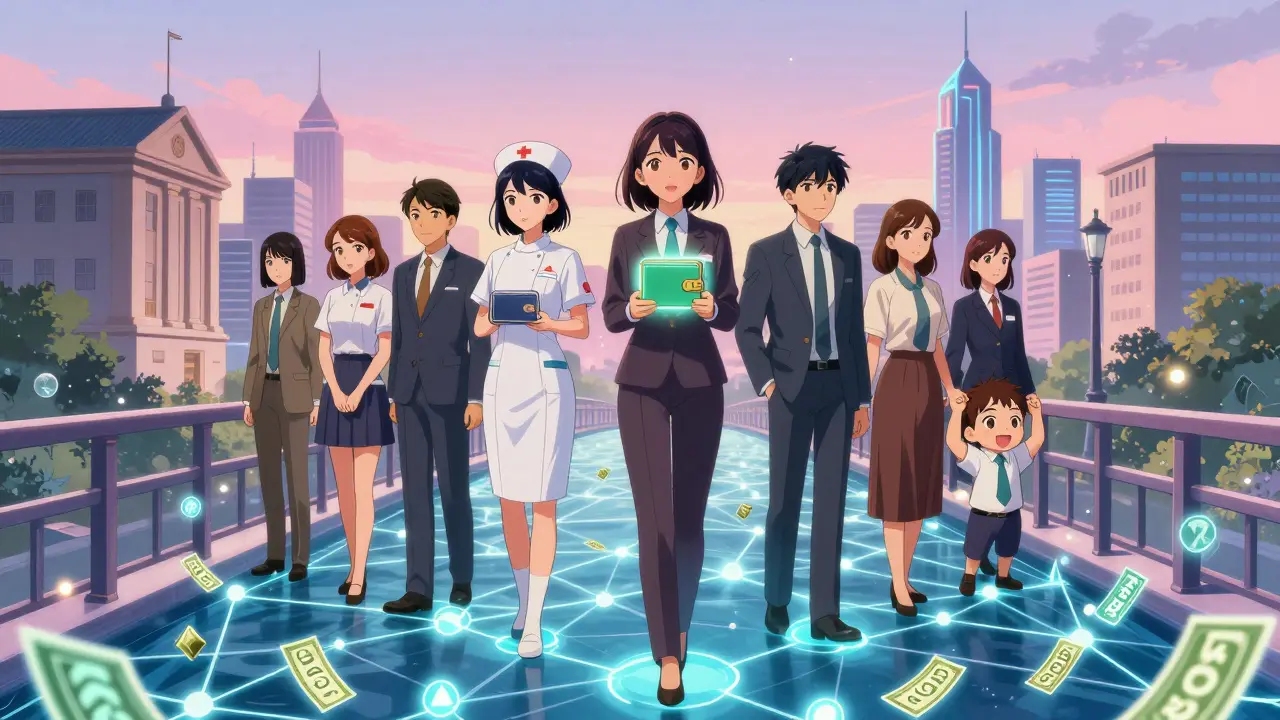 Everyday people standing on a blockchain bridge, holding wallets as stablecoin tokens flow beneath them in warm twilight.