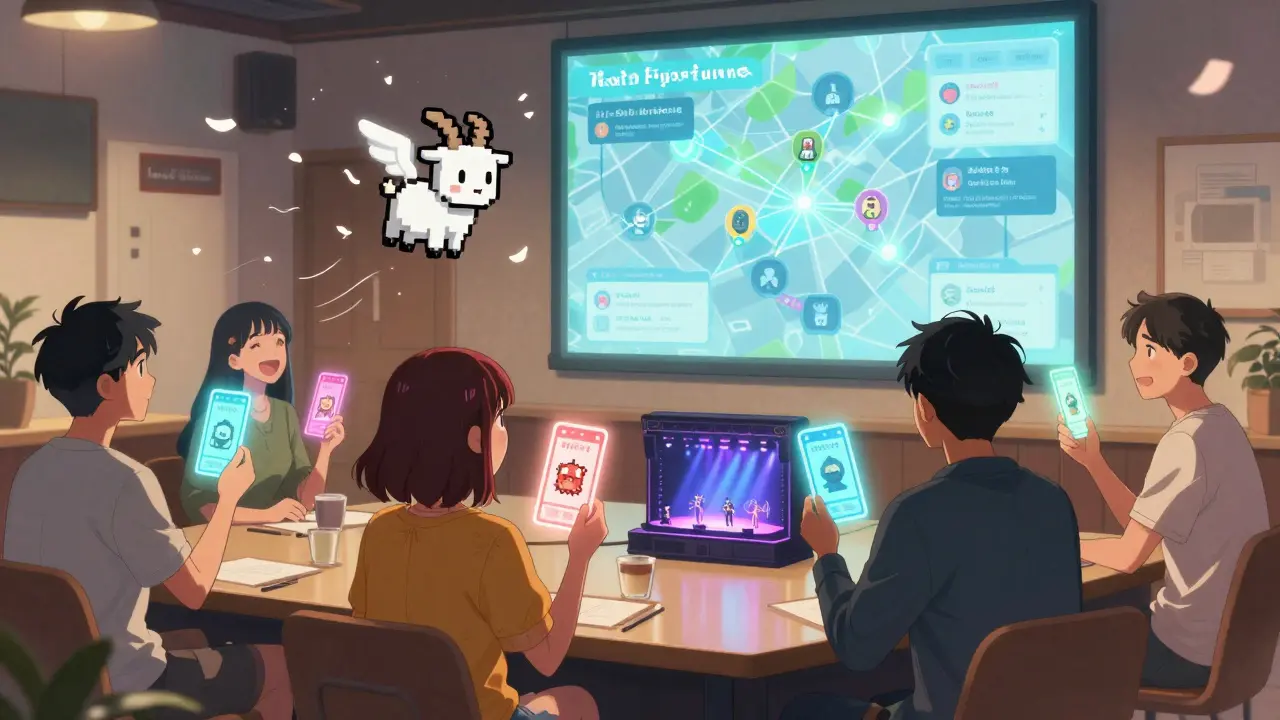 Fans gather in a digital lounge, each holding NFT tickets that transform into unique digital souvenirs like a pixel goat and concert badge.