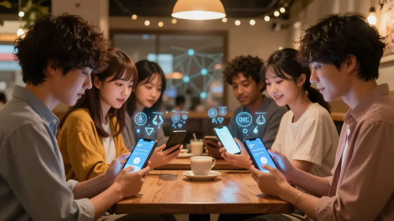 Friends in a café view holographic wallets showing QBT tokens and voting icons, symbolizing quiet community engagement.