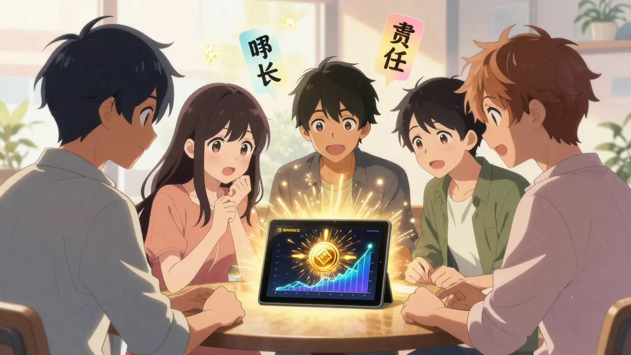 Friends in a café watching Binance Alpha projects launch with glowing visuals and animated graphs.