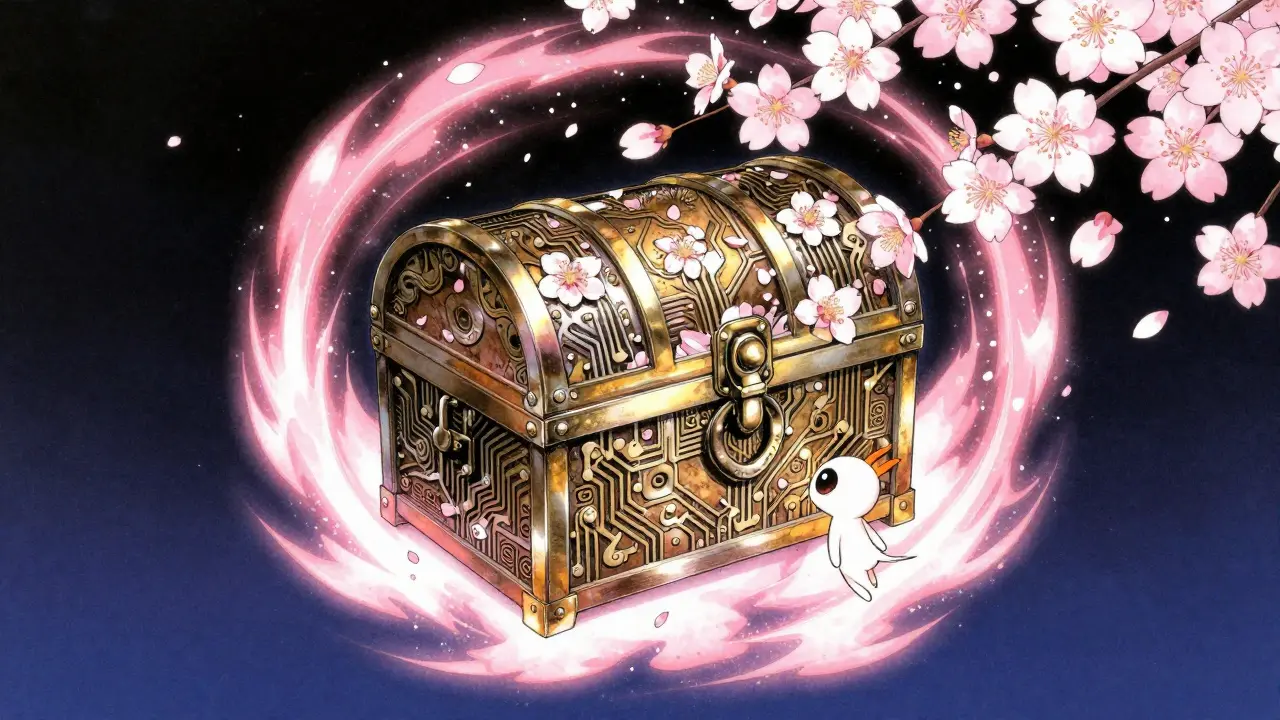 Mystical treasure chest protected by glowing energy barrier in starry digital void.