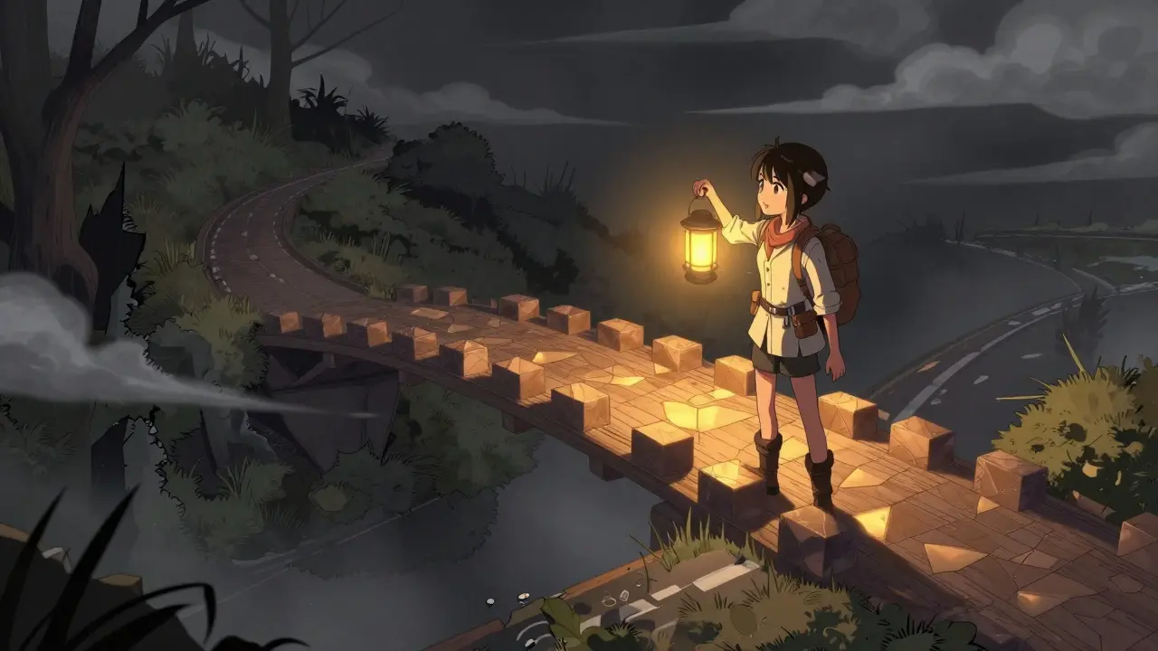 Person choosing safe bridge over dark thorny path