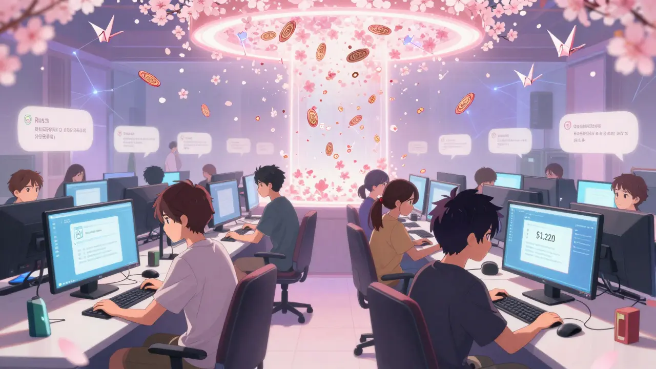 Players in a global server lobby earn BEBE tokens as cherry blossoms fall, one frustrated by high fees.