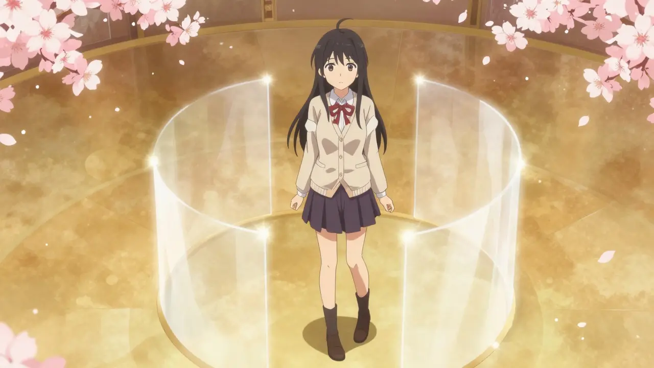 Protagonist standing securely within warm golden sanctuary