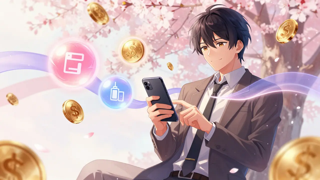 Smiling woman taps phone with floating coins and cherry blossoms.