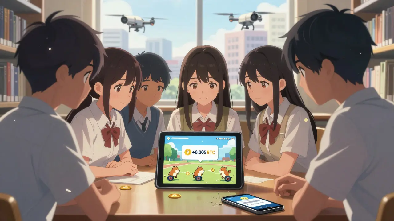 Teenagers playing Hamster Combat on a tablet in a library, sunlight streaming in as surveillance drones hover outside the window.