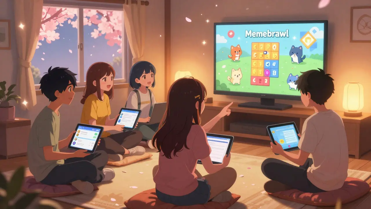Teens gathered in a cozy room, smiling at a Memebrawl puzzle game on their tablets.