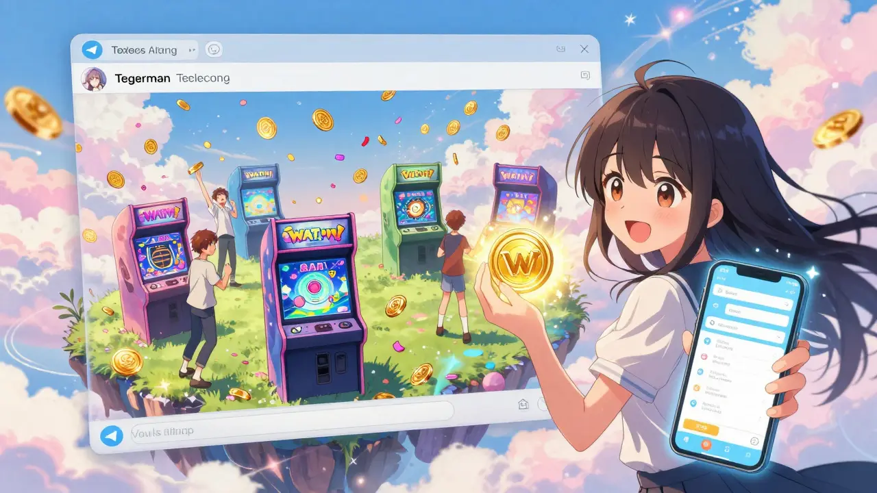 Teens play games on floating screens in a Telegram-themed sky island, raining WATCoin coins like confetti.
