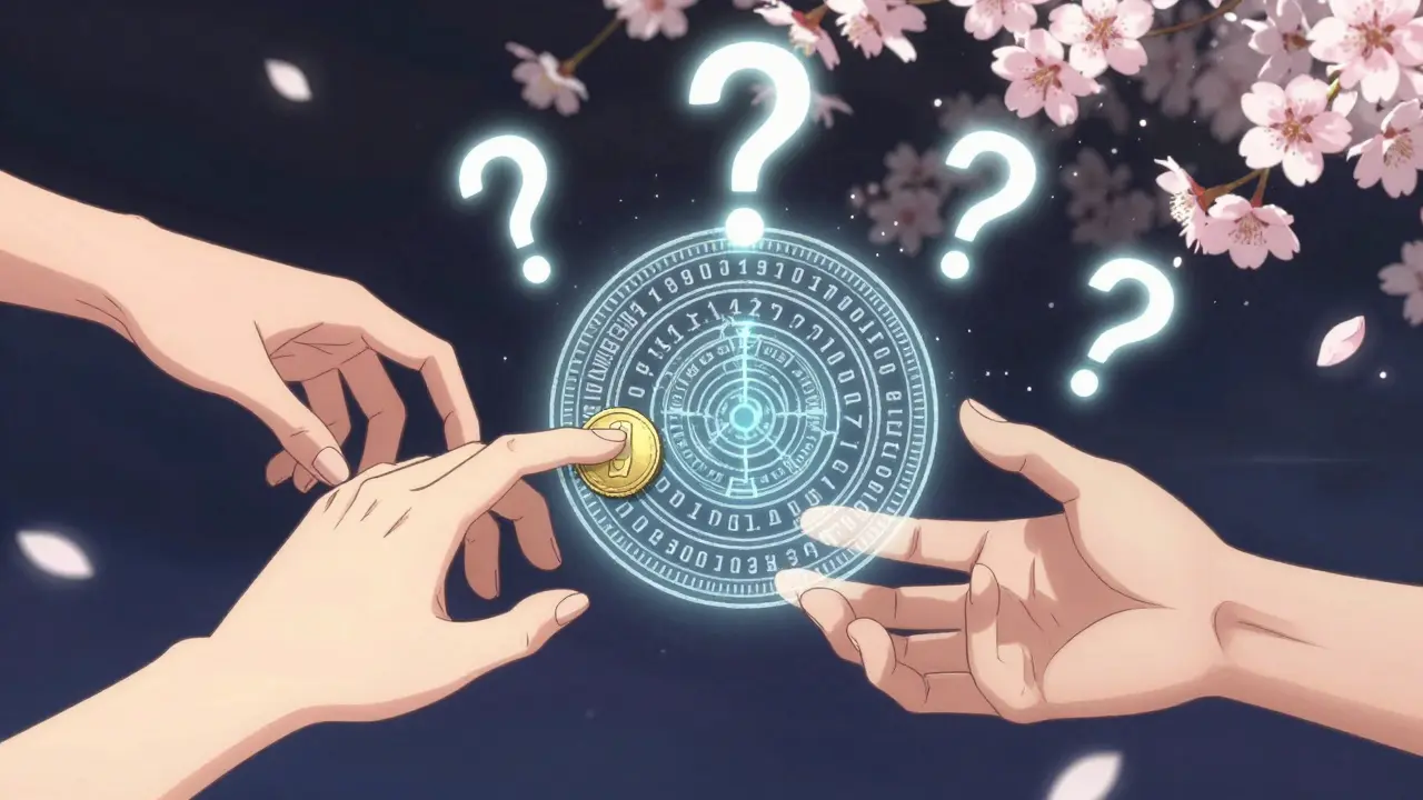 Two hands exchanging a coin and its hash output, surrounded by dissolving question marks and blooming cherry blossoms.