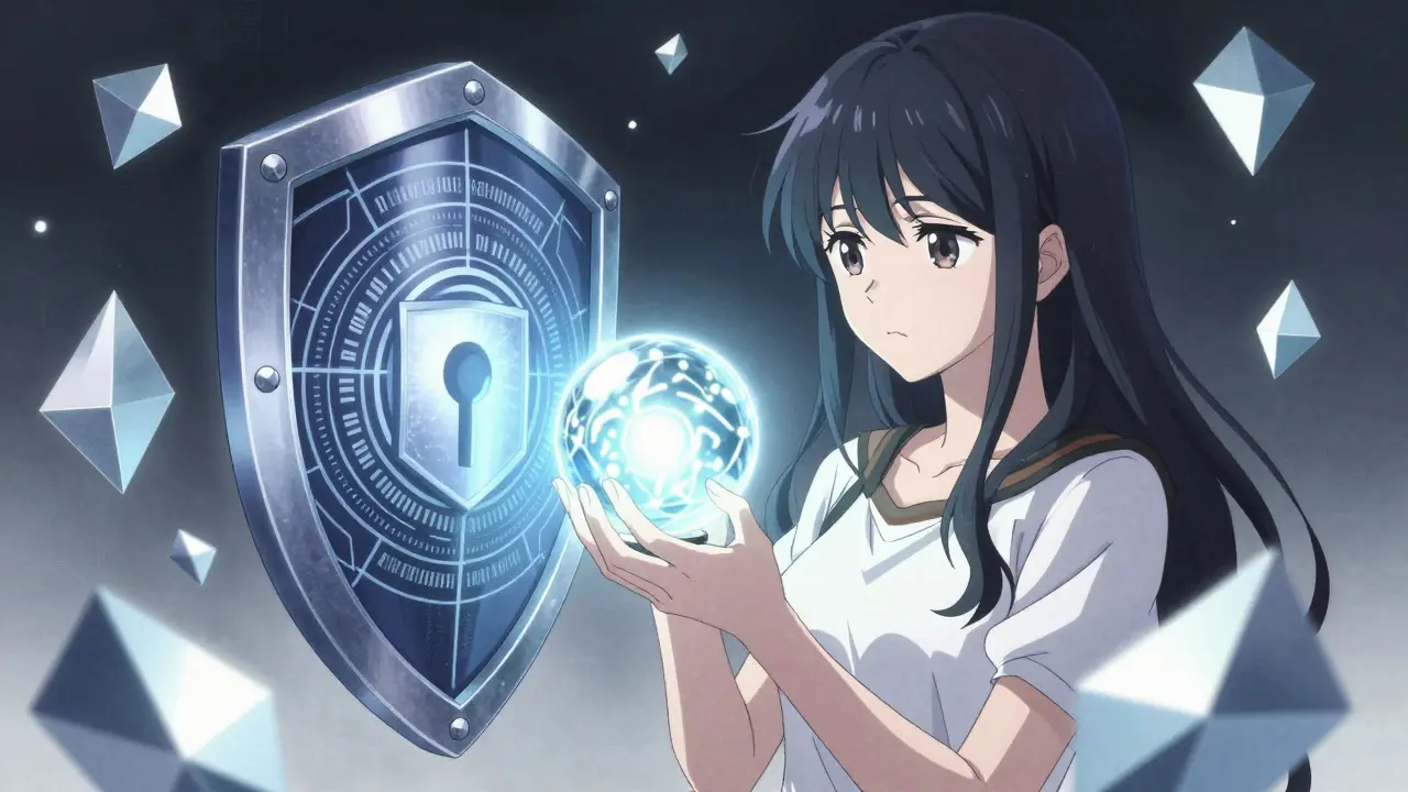 Woman examining glowing shield symbolizing security protocols