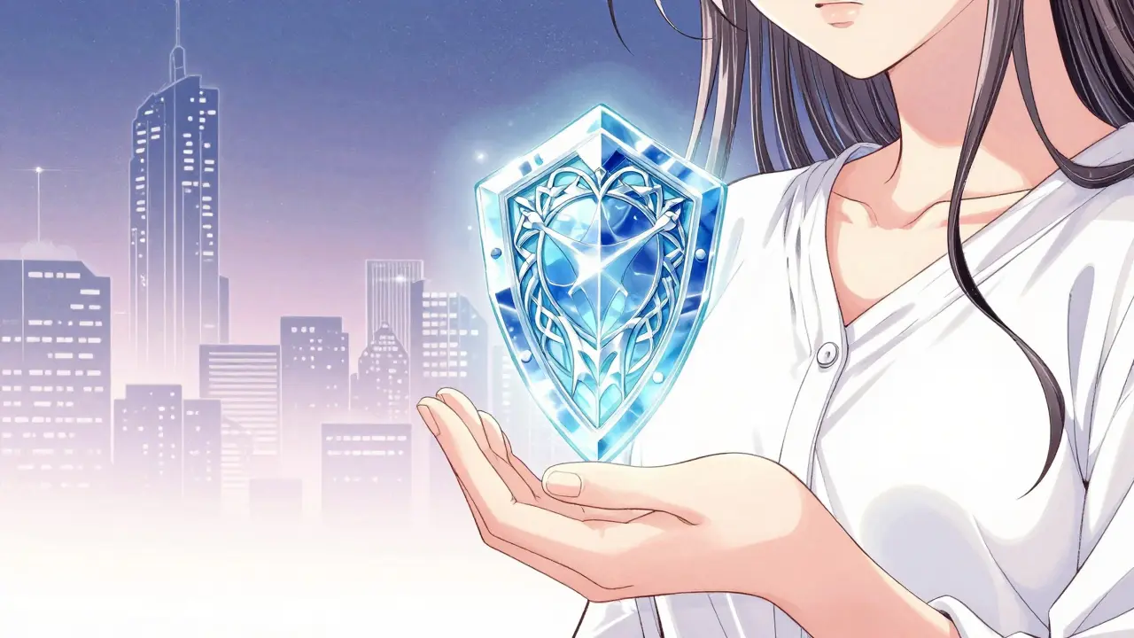 A character holding a glowing crystalline soulbound token badge against a futuristic city.