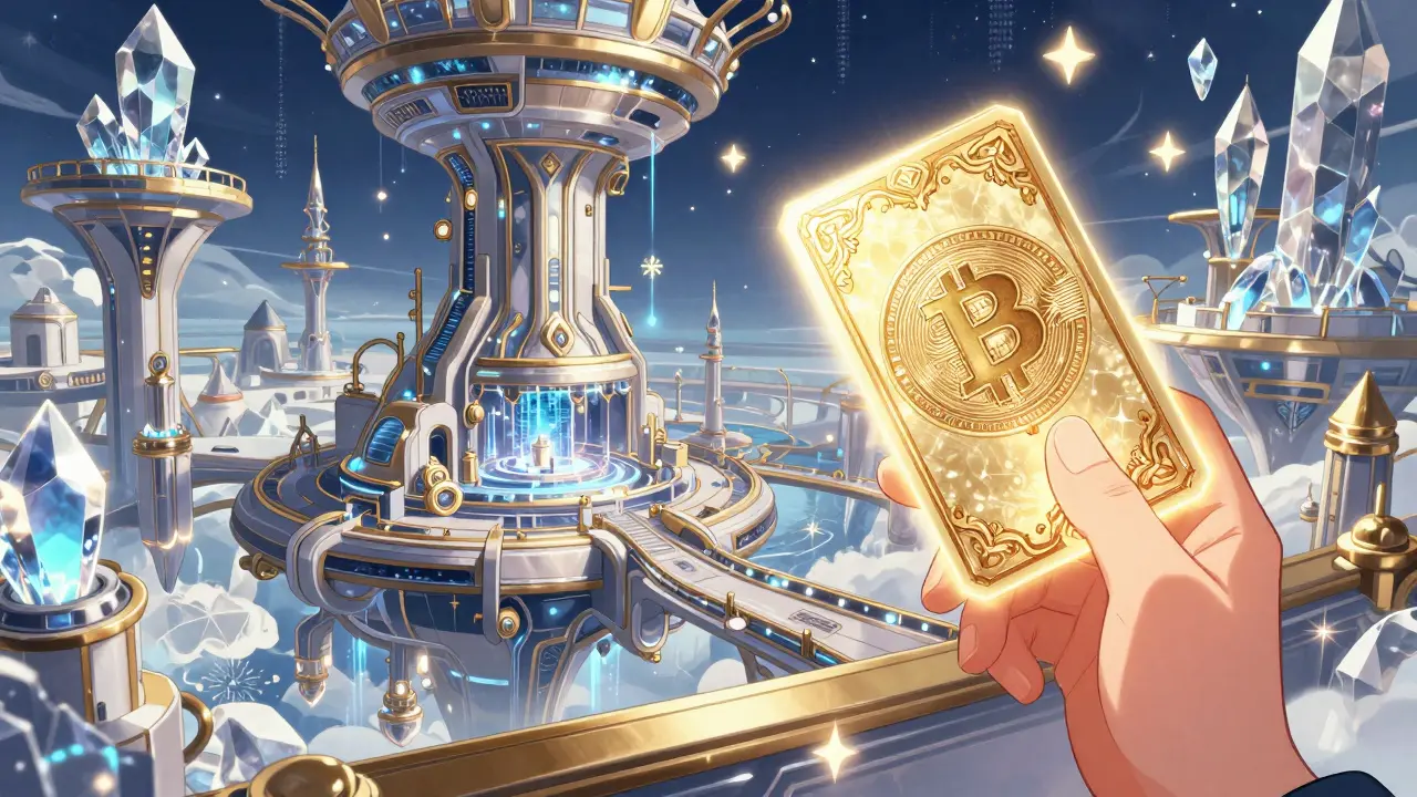 A character holding a glowing NFT mining license in a futuristic crystal city.