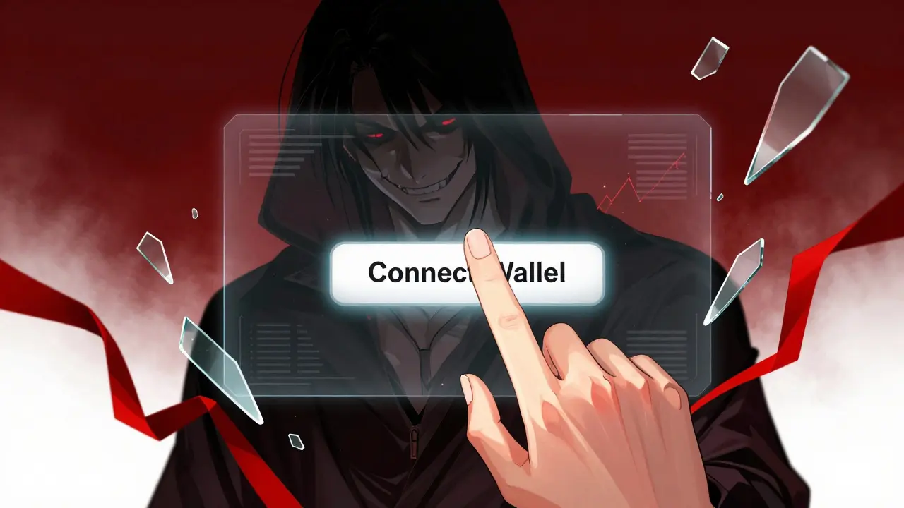 A close-up of a hand hesitating to click a fake wallet connection button.