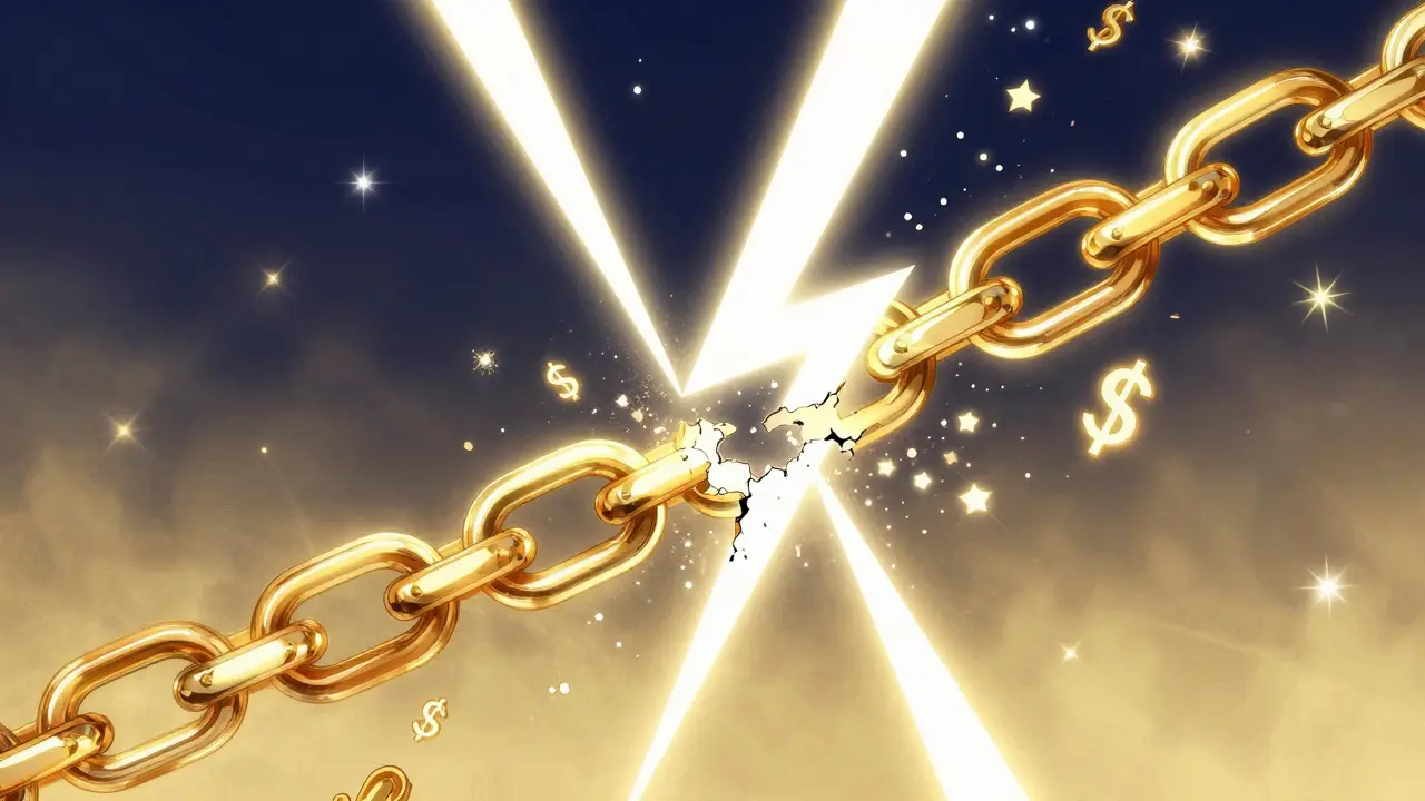 A digital blockchain chain snapping under a bolt of light, symbolizing financial sanctions in manga style.