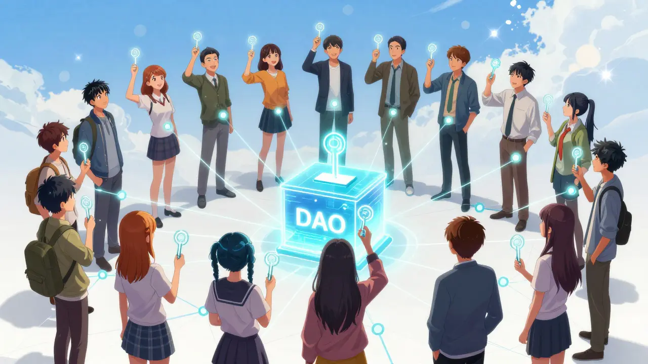 A group of friends connected by threads of light, voting together via a holographic ballot box.