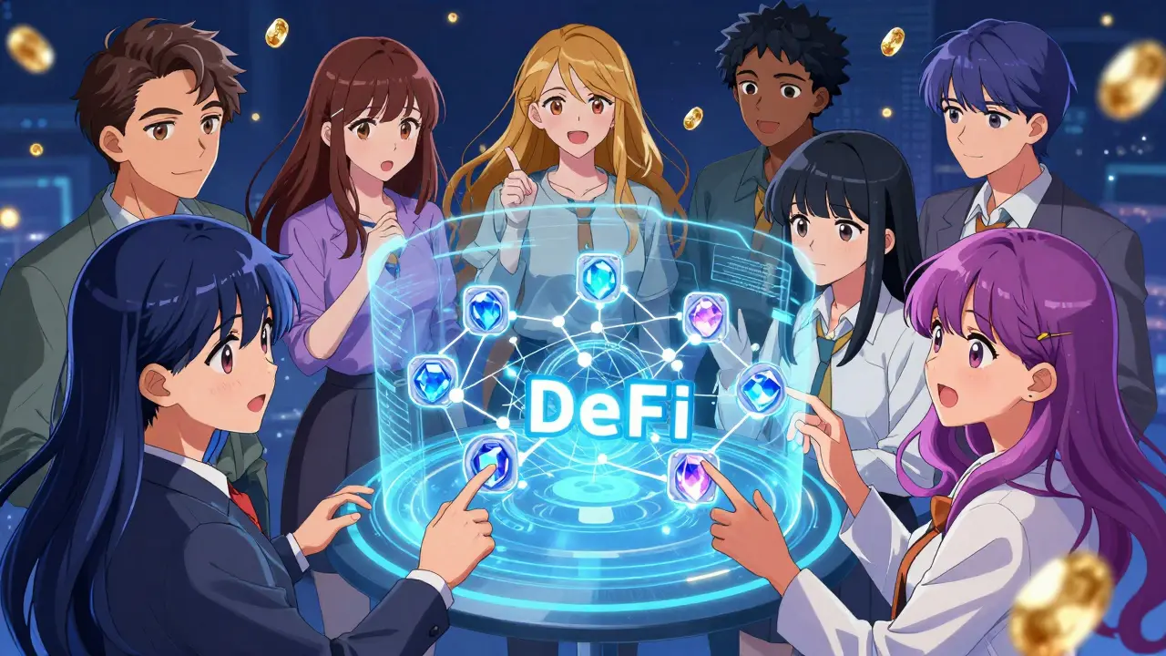A group of youth collaborating and voting on a glowing holographic DeFi interface.