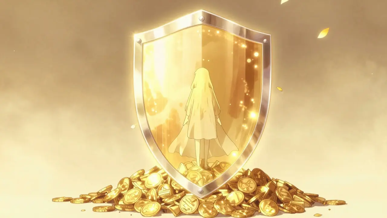 A shimmering golden shield protecting digital assets in a soft, romanticized manga style.