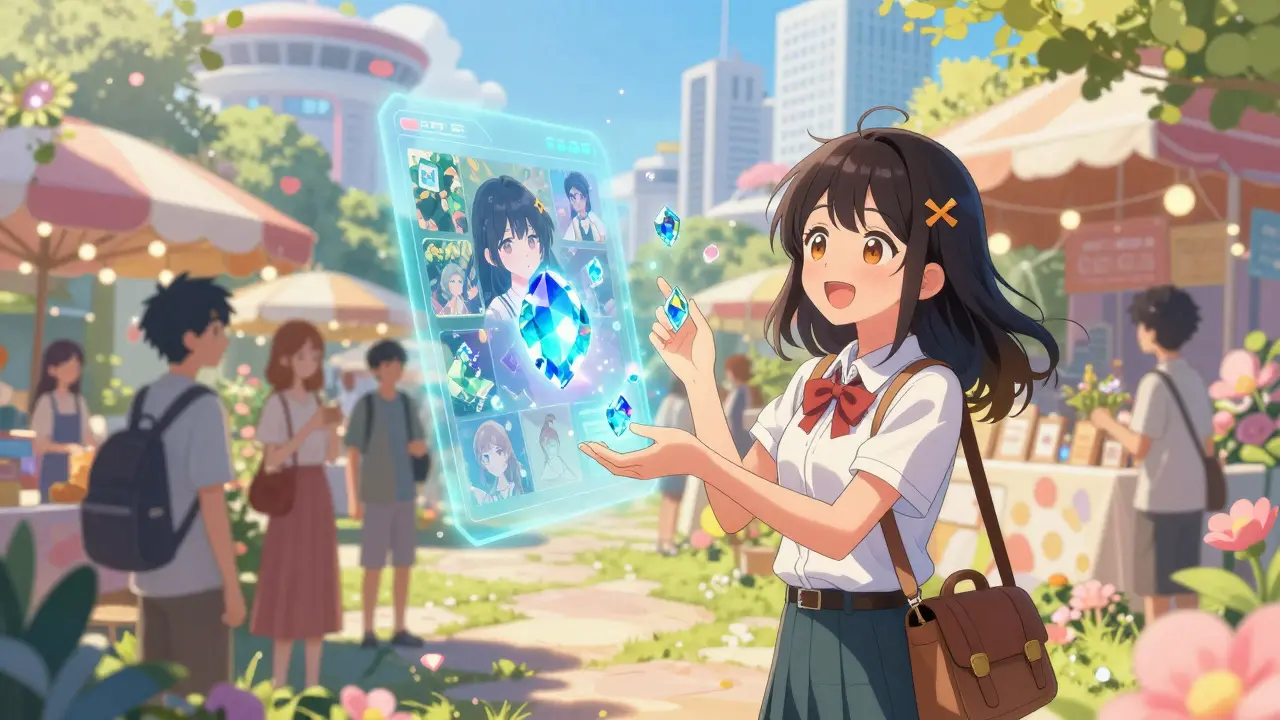 A young artist receiving glowing tokens for her digital art in a whimsical futuristic setting.