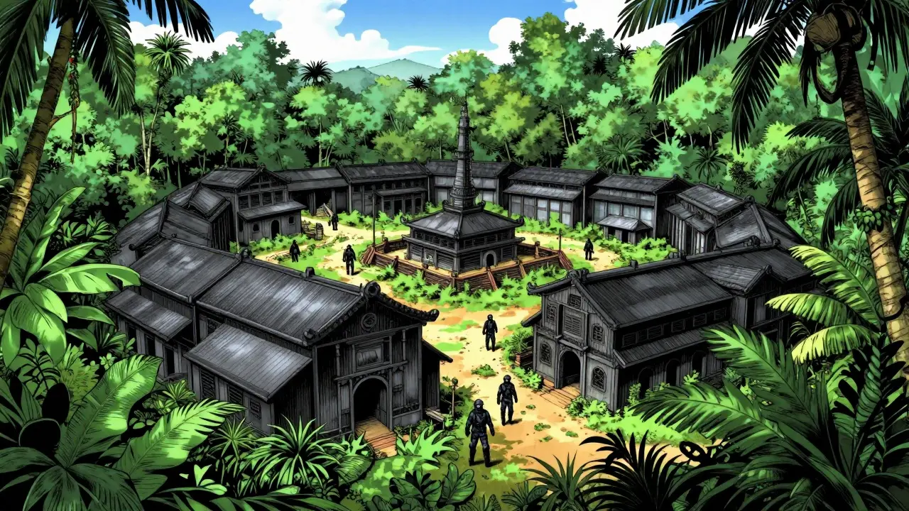 An armed compound hidden in a tropical jungle, depicting the Shwe Kokko scam hub in manga style.