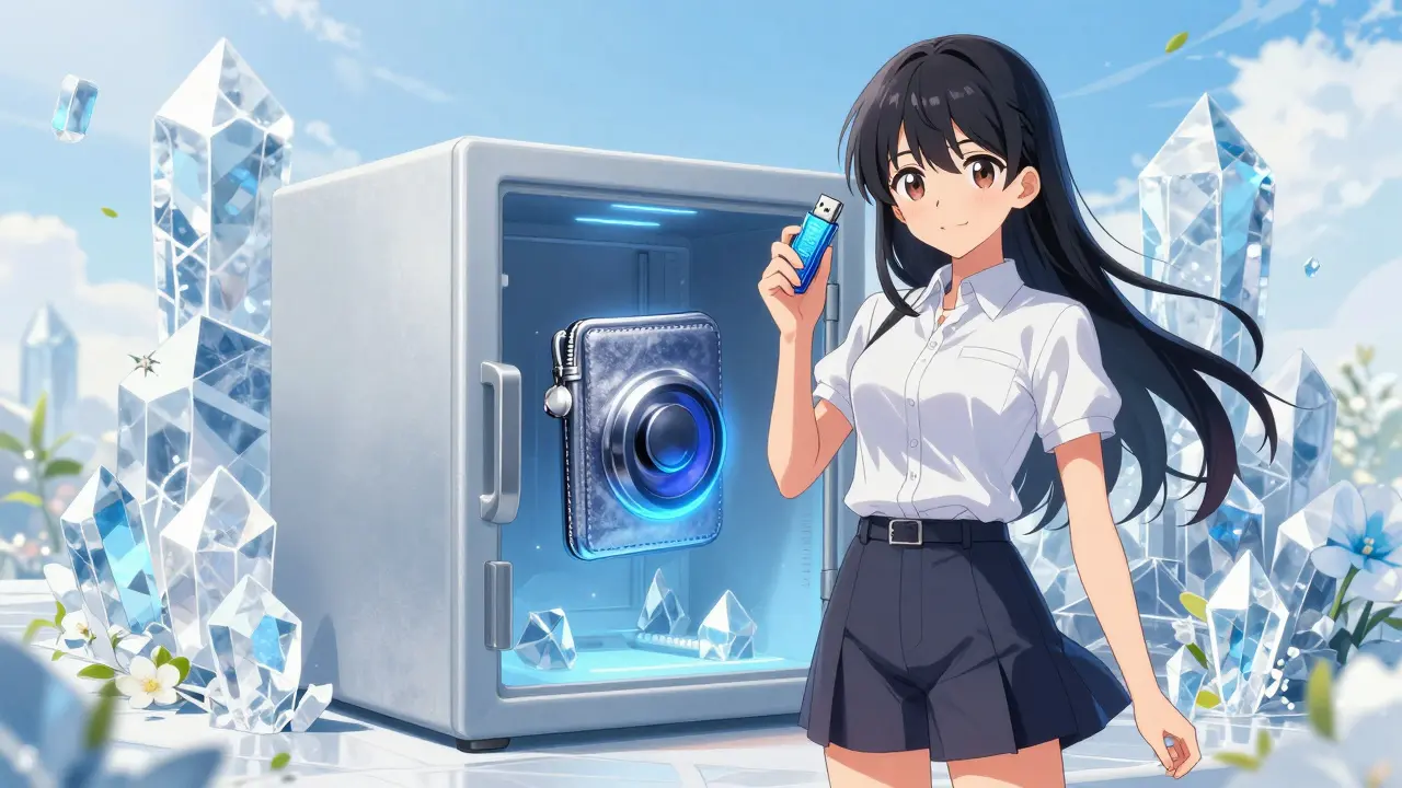 Anime character holding a hardware wallet in front of a secure crystal fortress.