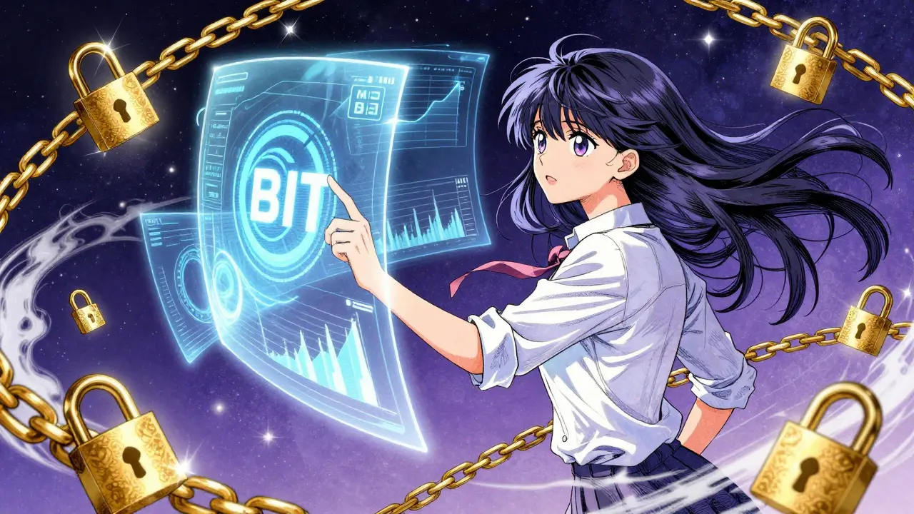 Anime trader interacting with glowing holographic BIT token charts and golden locks