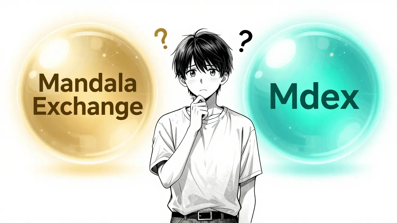 Character comparing two different digital tokens with a thoughtful expression