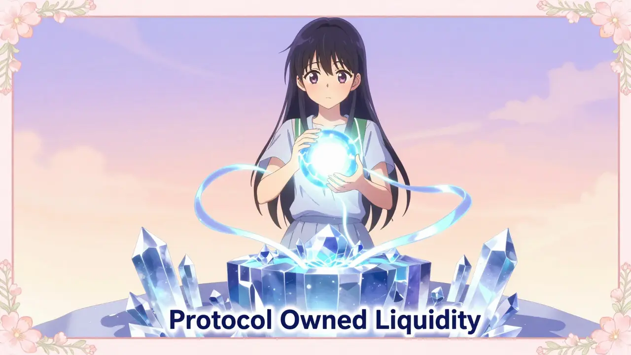 Character connecting a glowing orb to a crystalline foundation with shimmering ribbons of light