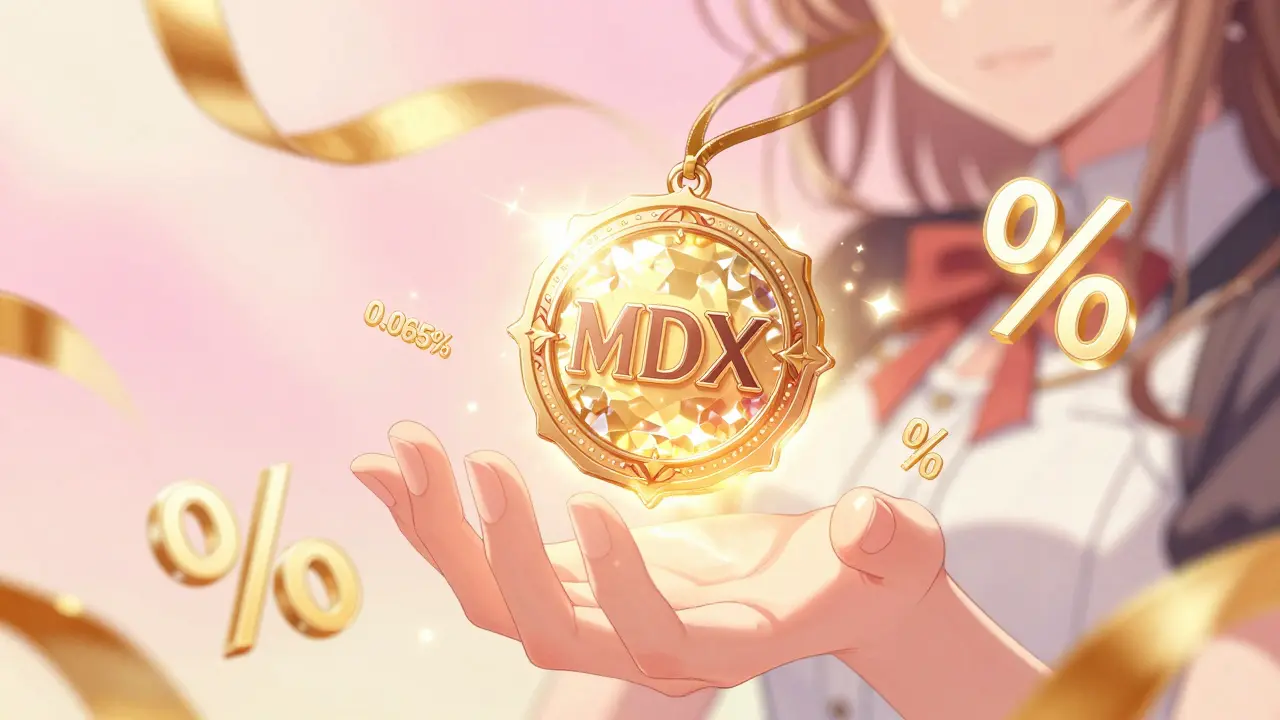 Character holding a glowing MDX token surrounded by golden percentage symbols