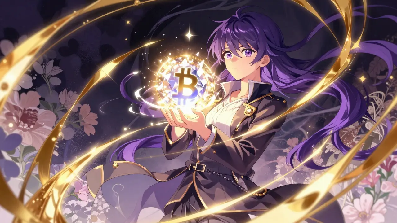 Character standing calmly amidst swirling energy ribbons representing market volatility.