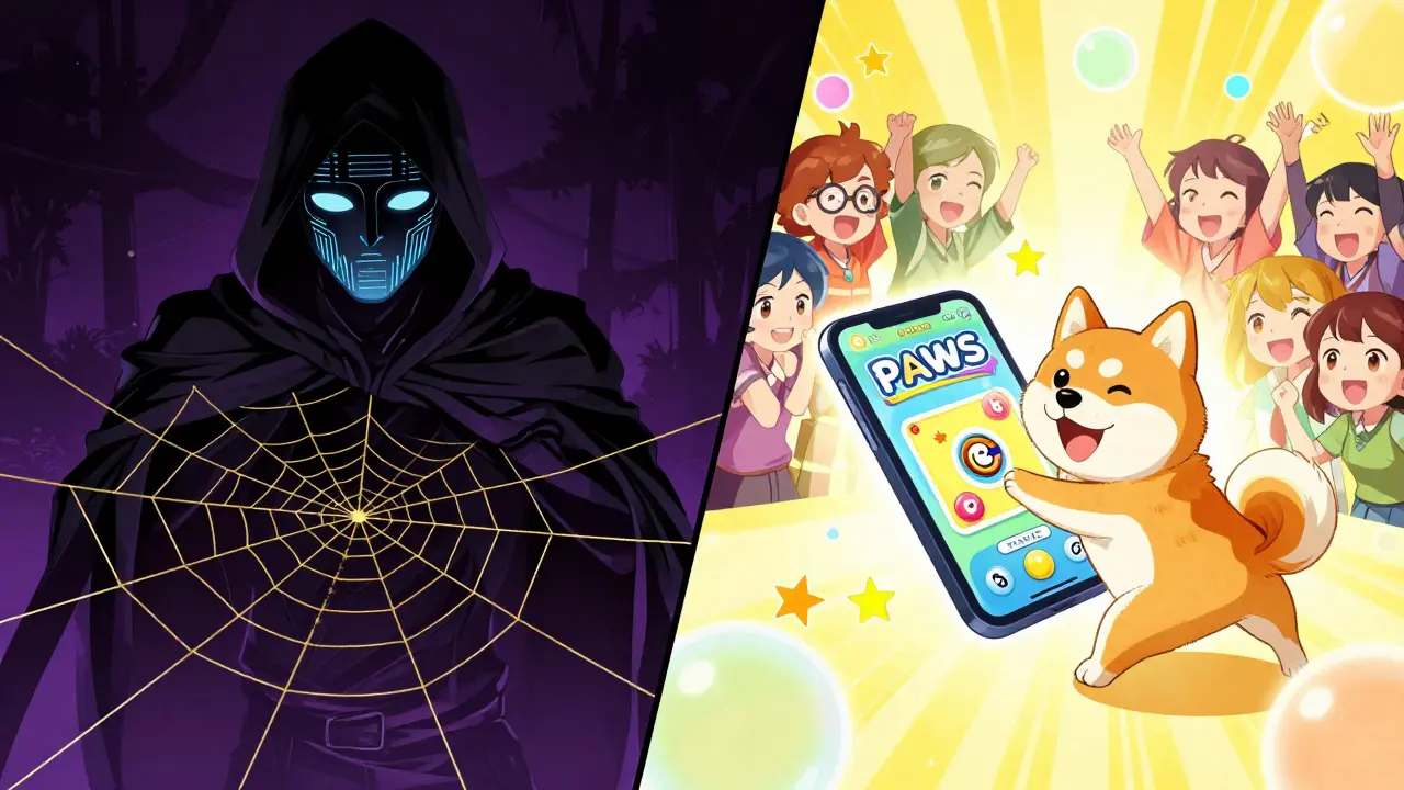 Contrast between a mysterious scammer and a happy community playing a puppy game.