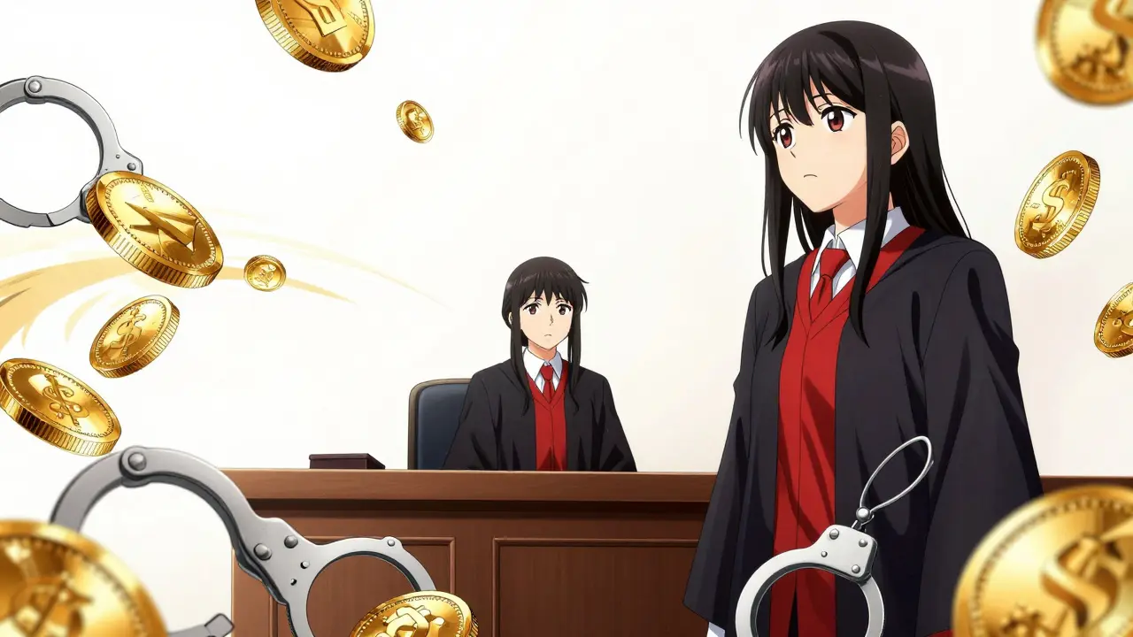 Defendant in a courtroom surrounded by abstract digital coins and handcuffs, shoujo manga style.