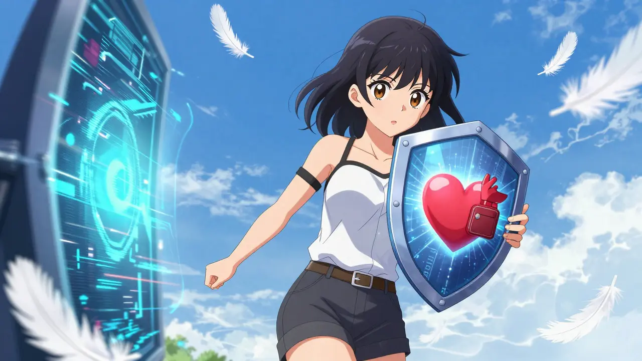 Determined woman using a digital shield to protect her assets from a glitchy portal.