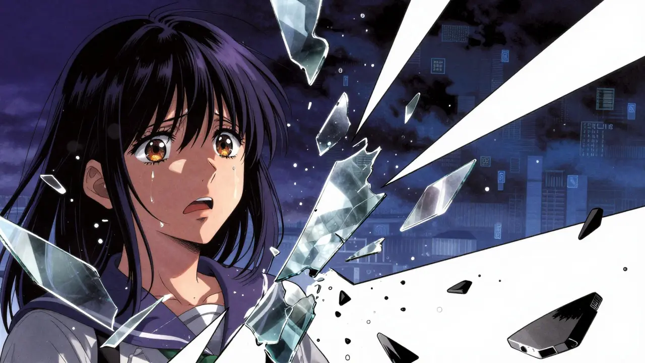 Dramatic anime scene of a shattering crystal mirror symbolizing a financial collapse
