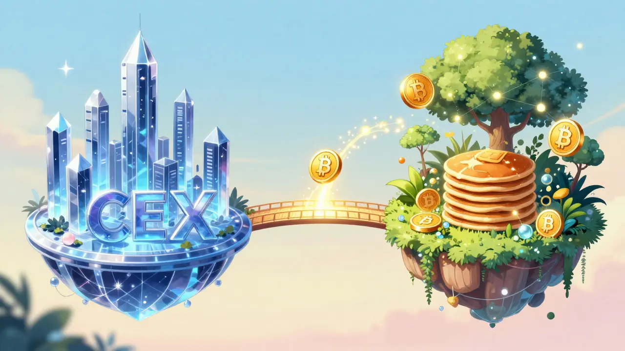 Dreamy anime landscape showing a golden bridge between a digital city and a floating garden