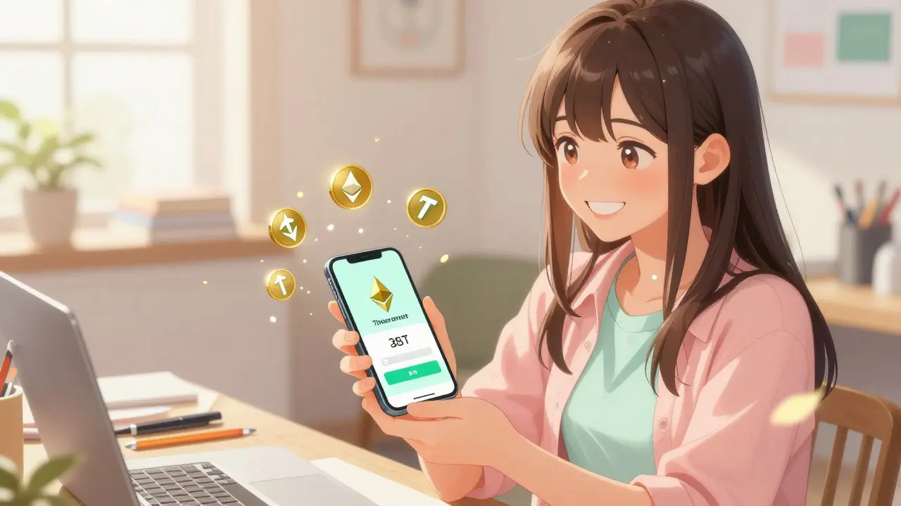 Freelance designer smiling as she receives cryptocurrency payments in her studio.