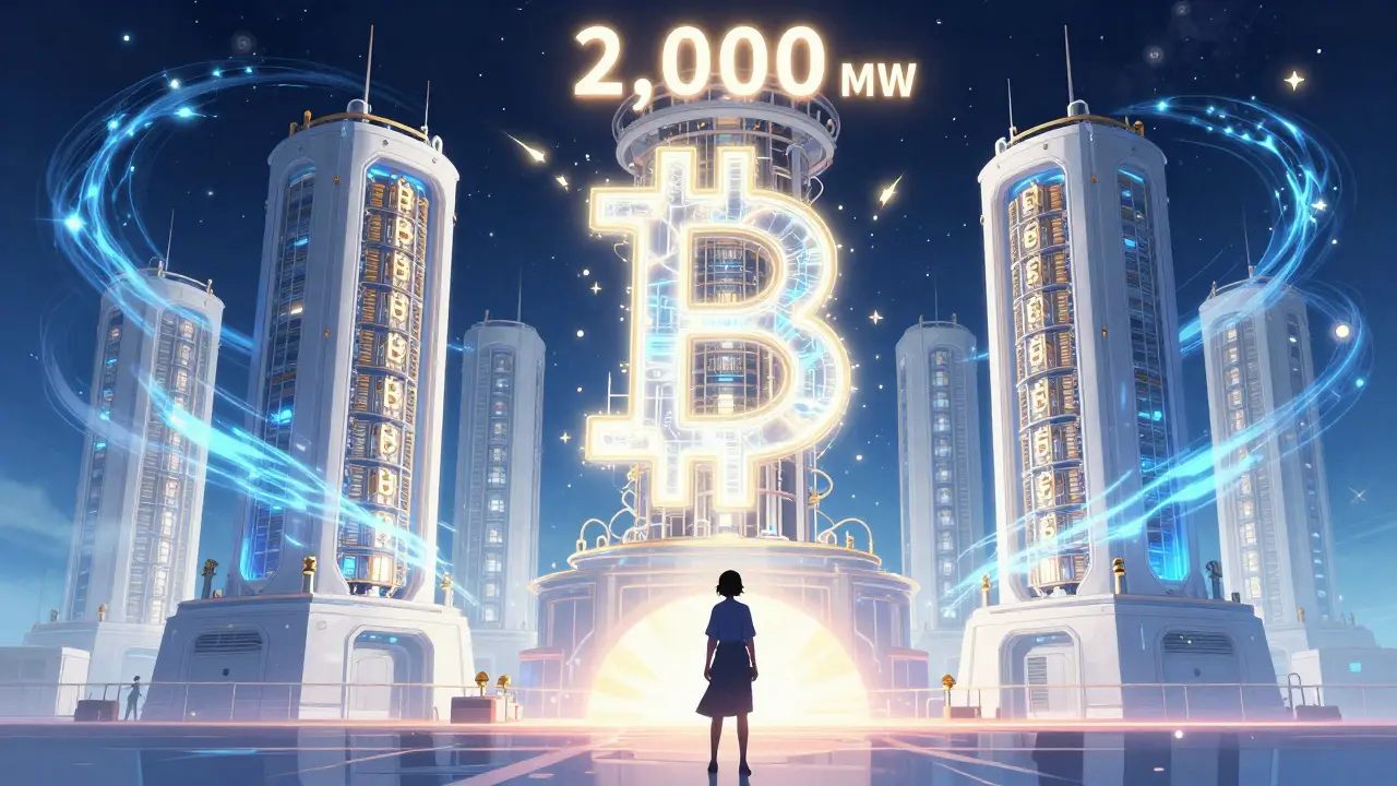 Futuristic Bitcoin mining facility with glowing blue and gold energy currents.