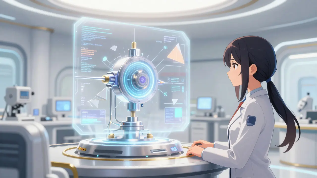 Futuristic laboratory with a holographic machine and a female engineer in shoujo manga style.