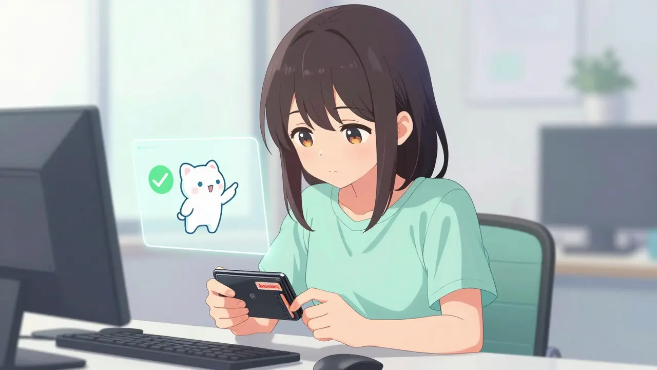 Girl carefully setting up a secure burner wallet with a cute mascot helper