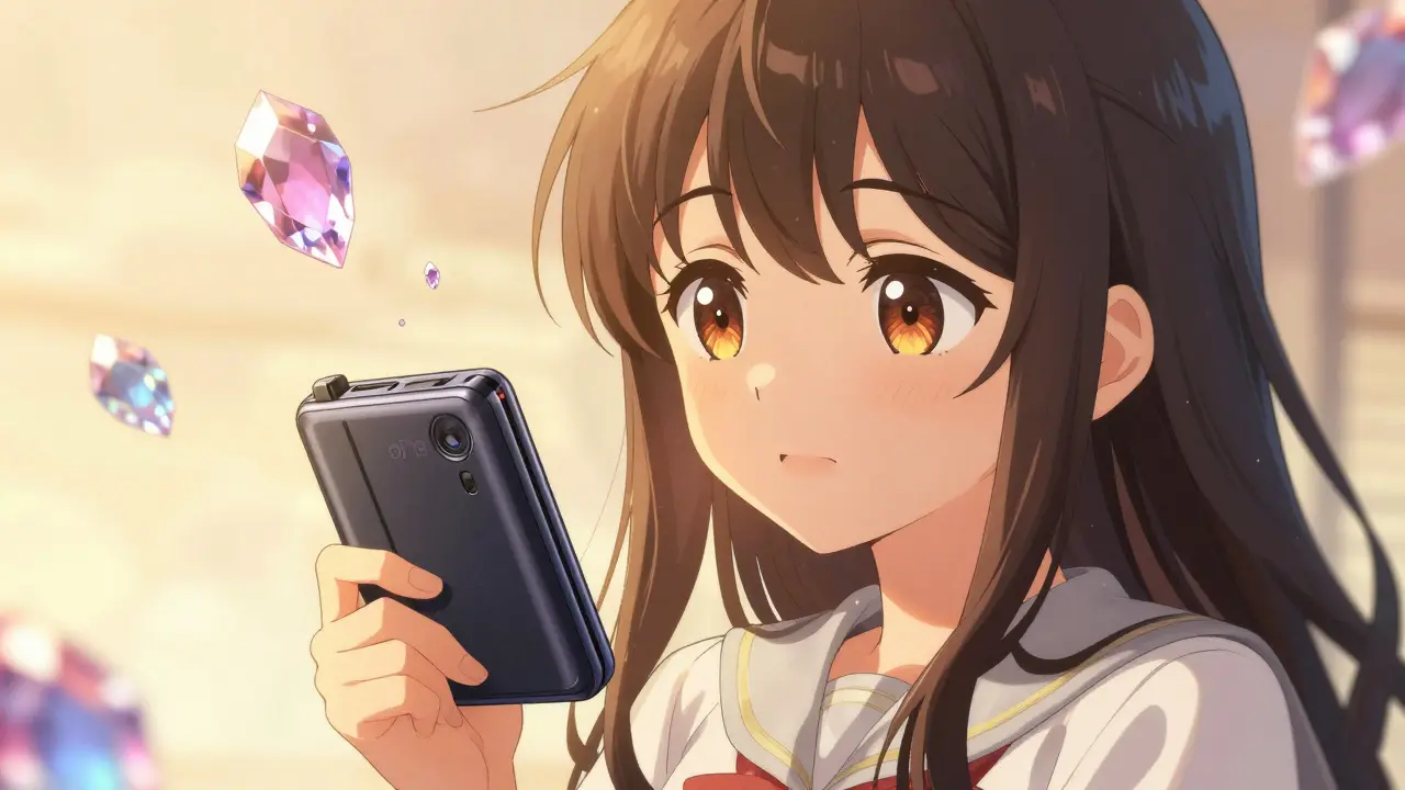 Girl holding a hardware wallet for secure token storage with floating digital gems