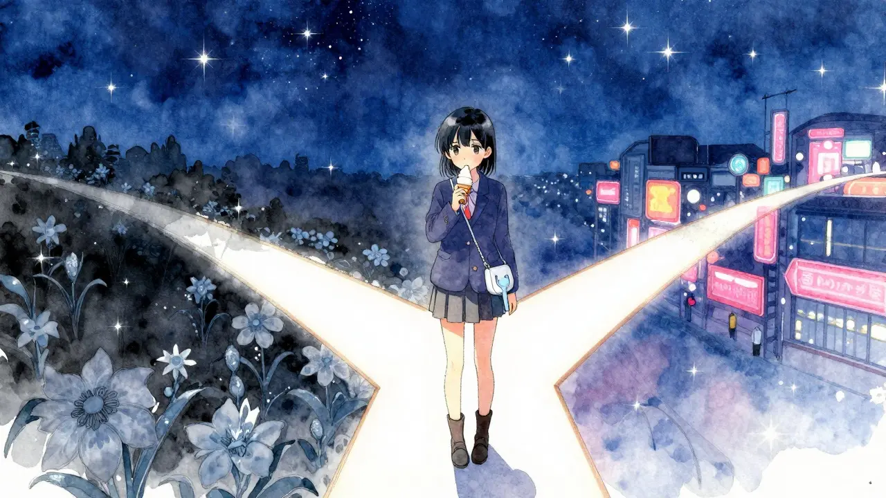 Girl standing at a crossroads choosing between a busy and a quiet blockchain path.