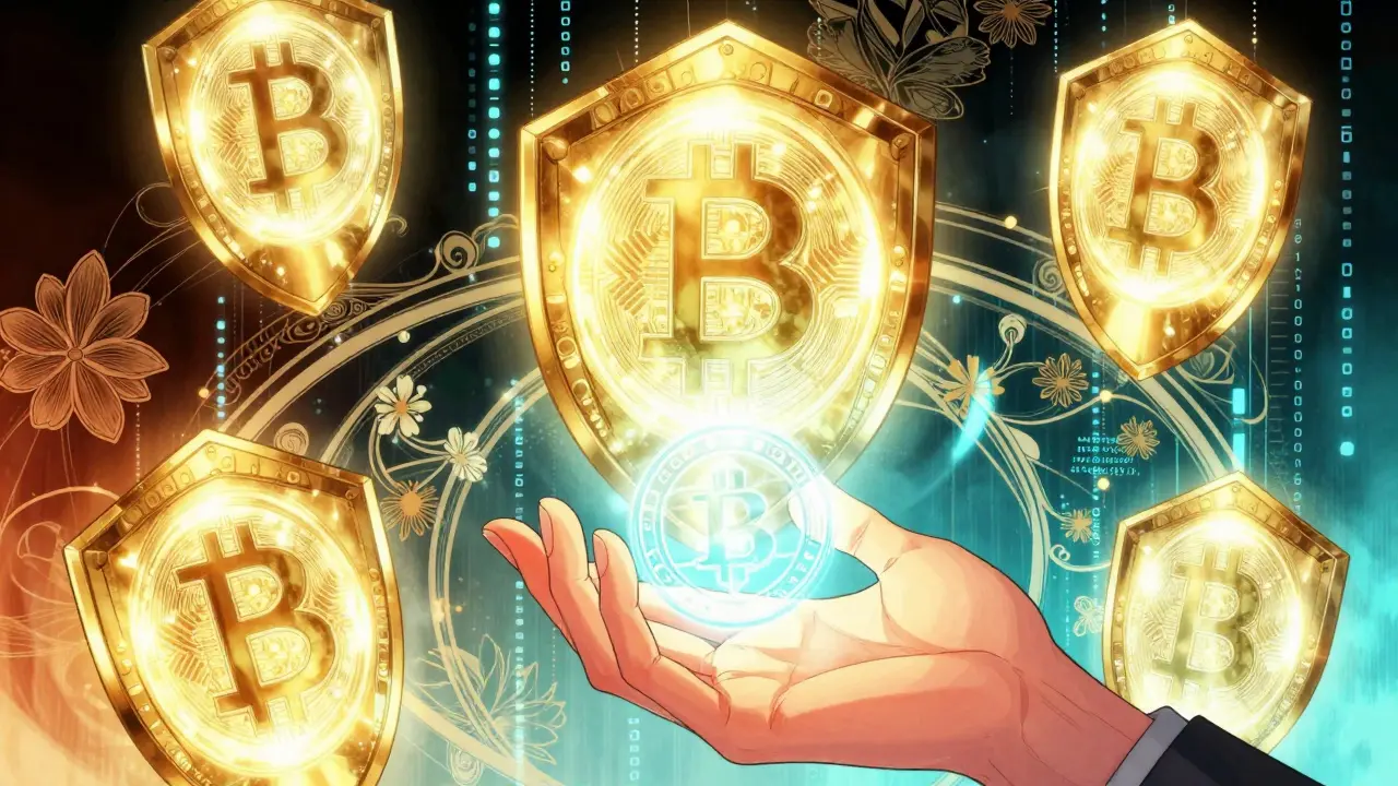 Glowing crypto tokens protected by magical shields in a soft pastel manga illustration.