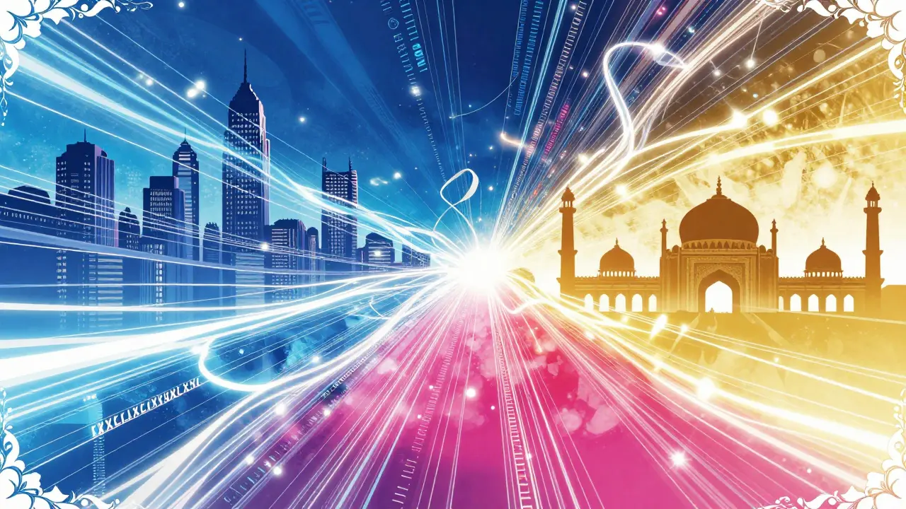 Glowing data streams connecting a foreign city to New Delhi in shoujo manga art