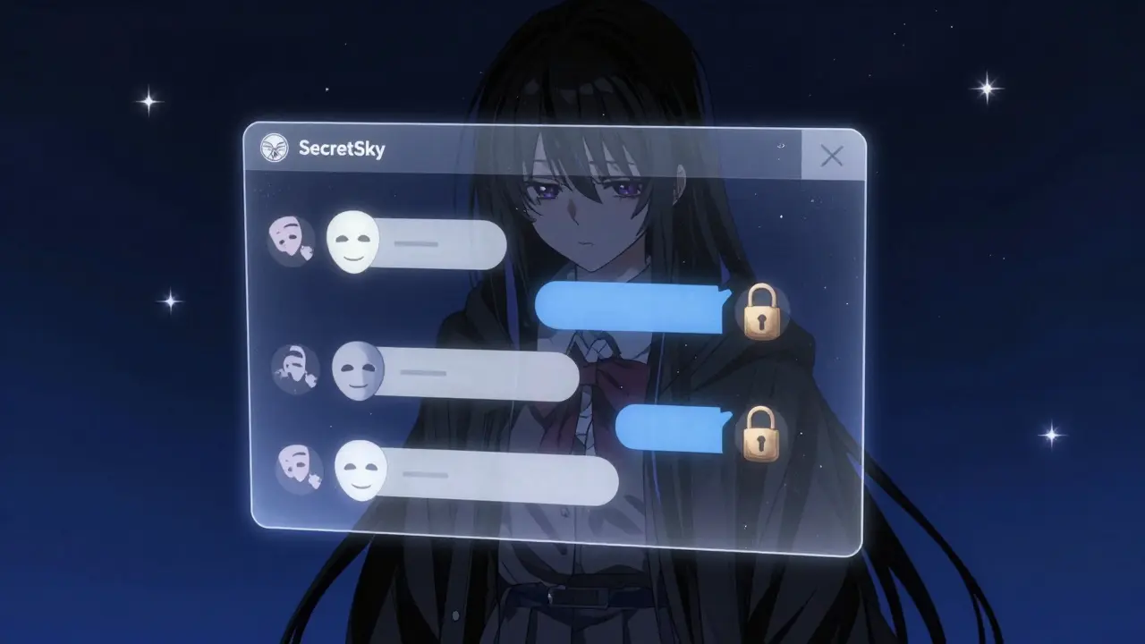 Mysterious figure with a private chat interface and anonymity symbols