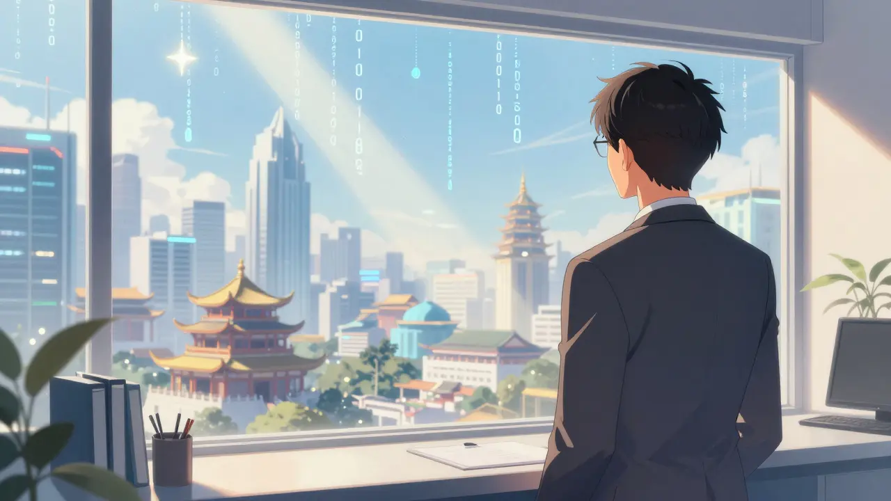 Optimistic shoujo manga scene of a professional overlooking a futuristic digital Vietnam city.