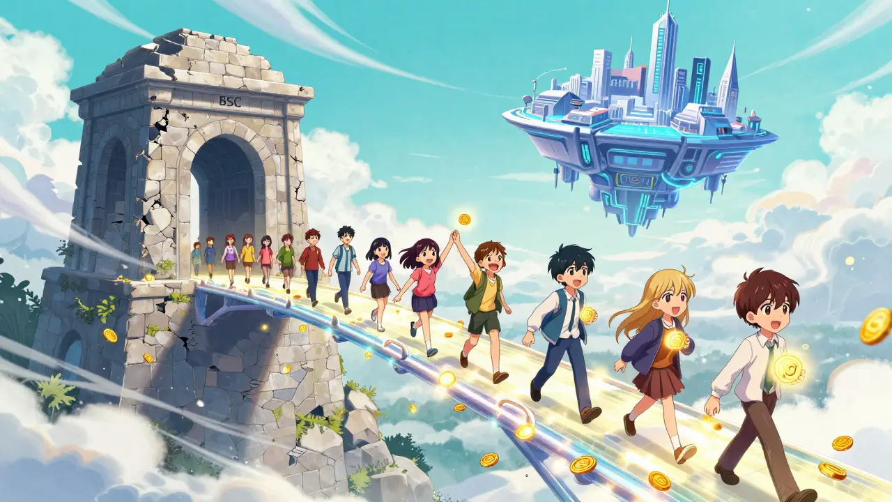 People crossing a glowing bridge from an old system to a futuristic Solana city