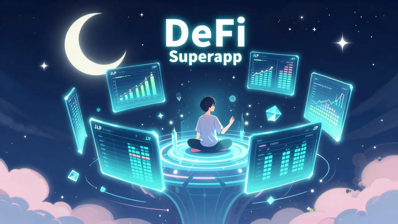 Person managing a floating DeFi sanctuary with holographic charts and crystals